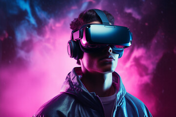 Modern technology user in VR headset goggles watching virtual reality metaverse tech future progress ai generative