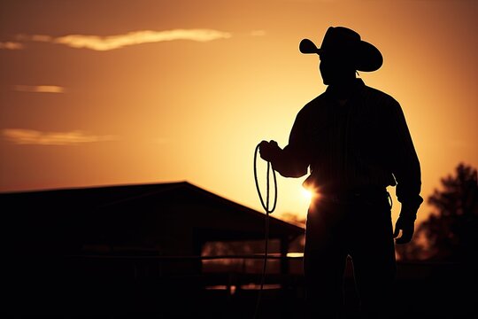 Cowboy with lasso silhouette at small town rodeo, image contains added grain to enhance theme of image