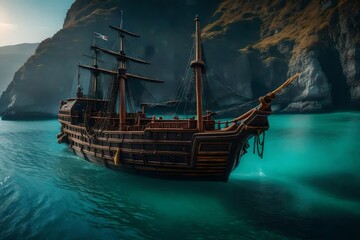 old ship in the sea, A pirate ship looking for treasure on a deserted