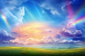 Colorful celestial phenomenon. Countryside vista with vibrant rainbow arching over turbulent summer sky. Generative AI