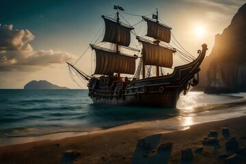 ship in the sea at sunset, A pirate ship looking for treasure on a deserted