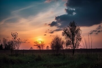 Fototapeta na wymiar A scenic sunset in a rural landscape with a blurry sky. Generative AI