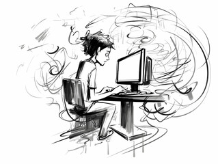 Drawing of Student is gaming on a desktop computer pc illustration separated, sweeping overdrawn lines.