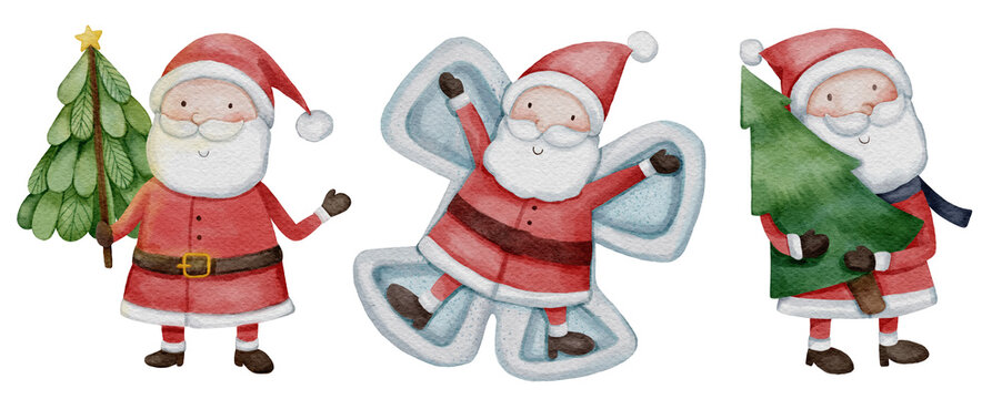 Santa claus . Christmas theme . Watercolor paint cartoon characters . Isolated . Set 11 of 15 . illustration .