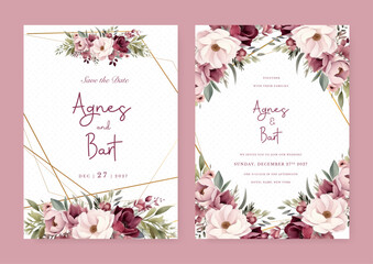 Pink and red peony modern wedding invitation template with floral and flower