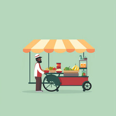 A male street hawker is selling food. Happy character. 2D flat illustration