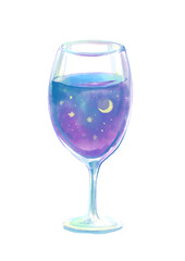美しい夜空を注いだワイングラスのリアルな水彩イラスト