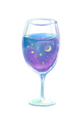 美しい夜空を注いだワイングラスのリアルな水彩イラスト(PNG)