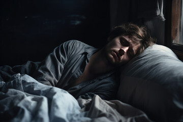 Young man lying on bed feeling depressed and with anxiety