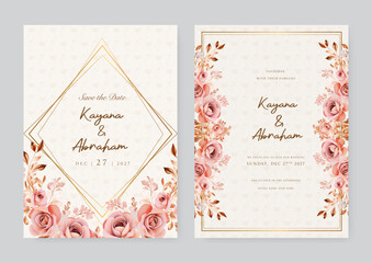 Pink rose beautiful wedding invitation card template set with flowers and floral