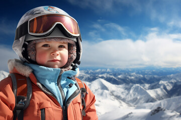 Fototapeta na wymiar Funny little kid standing at mountain peak sunny day making photos Generative AI artificial picture