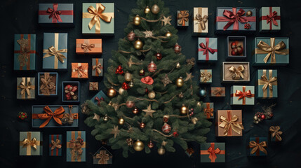 Beautifully decorated Christmas tree surrounded by a multitude of elegantly wrapped gifts, set against a rich teal background.