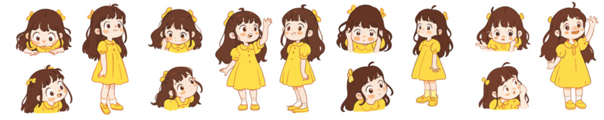 Cartoon characters vector, Little Cute girl wearing yellow clothes, multiple poses and expressions.