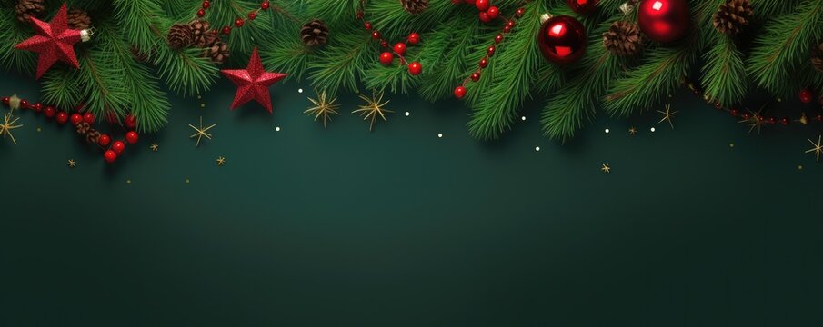Christmas decoration with fir branches red berries.  Green christmas backround. Generative ai