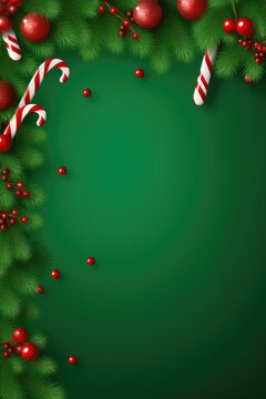 Christmas decoration with fir branches red berries.  Green christmas backround. Generative ai