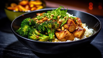 Coconut Rice Served in a Bowl Topped with Steamed Broccoli and Garlic Chicken Selective Focus Background