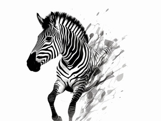 Fototapeta na wymiar Drawing of Surreal high key zebra in black and white. illustration separated, sweeping overdrawn lines.