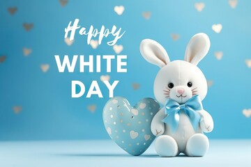 Fototapeta premium Happy White Day Sale Banner. White toy Bunny, hearts gifts on blue background. Valentines Day