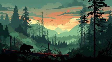 Wilderness illustration with bear silhouette and pine trees - obrazy, fototapety, plakaty