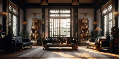 Living Room Modern Sofa With Large Window Surface Chinese Theme Interior Background - obrazy, fototapety, plakaty
