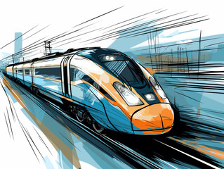 Fototapeta premium Drawing of Train - High Speed 2 rail link illustration separated, sweeping overdrawn lines.