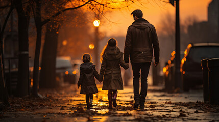 Father with his two daughters walking - obrazy, fototapety, plakaty