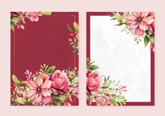 Pink rose and dahlia modern wedding invitation template with floral and flower