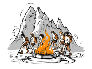 Drawing of Vector cartoon hikers with campfire illustration separated, sweeping overdrawn lines.