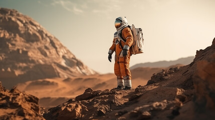 Explorer Surveys Potential Colonization Sites on Mars for Human Space Expansion - obrazy, fototapety, plakaty