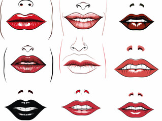 Drawing of Vector illustration of Lips  eyes set illustration separated, sweeping overdrawn lines.