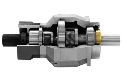 Gear speed reducer cross section isolated on white, Reducer gearbox close up on white, industrial concept