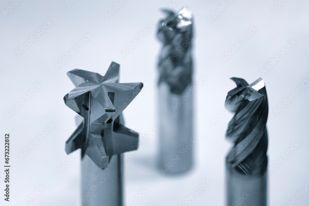 Poster ndustrial milling metal cutting tool with carbide cutter insert in workshop. drills with interchange