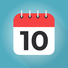 Calendar day 10. Number ten on a white paper with red border on blue background vector.