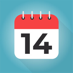 Calendar day 14. Number fourteen on a white paper with red border on blue background vector.