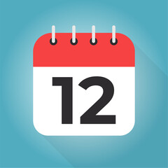 Calendar day 12. Number twelve on a white paper with red border on blue background vector.