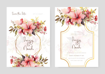 Pink hibiscus wedding invitation card template with flower and floral watercolor texture vector