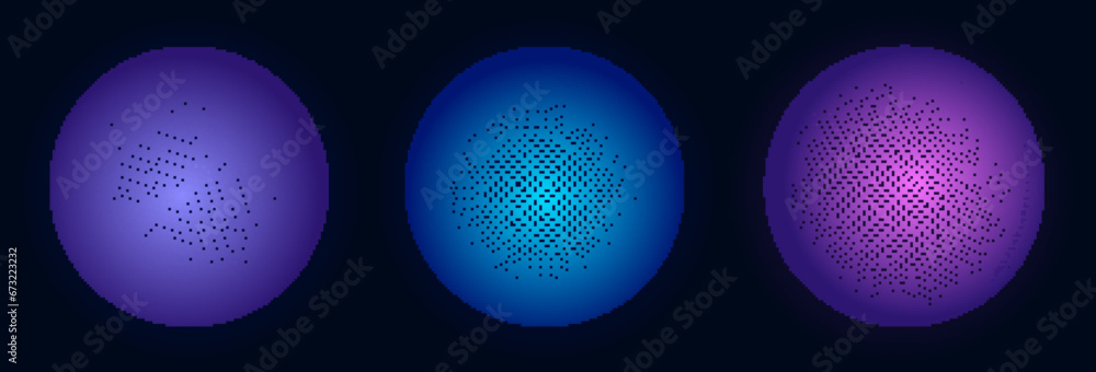 Poster set of geometric blue spheres with connecting dots and lines. abstract color shapes with noise effec