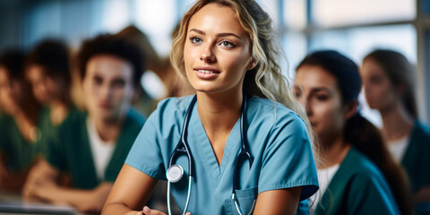Young Woman in Scrubs Absorbed in Medical School Lecture - obrazy, fototapety, plakaty