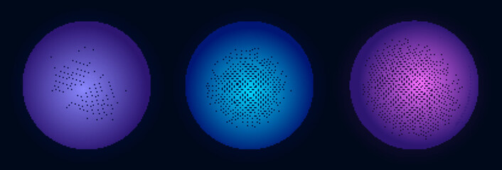 Set of geometric blue spheres with connecting dots and lines. Abstract color shapes with noise effect on blue background. Vector illustration.
