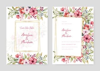 Pink frangipani elegant wedding invitation card template with watercolor floral and leaves