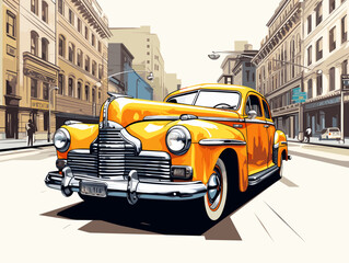 Drawing of Vintage yellow taxi in New York illustration separated, sweeping overdrawn lines. - obrazy, fototapety, plakaty