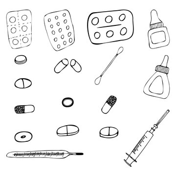 Doodle set of medical drugs with black line © Ирина Счастливая