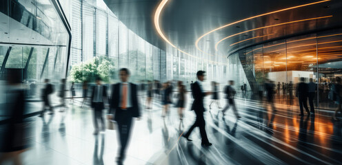 Obrazy na Plexi  Hustle in Motion: Blurry Long Exposure of Business Crowd in Office Lobby