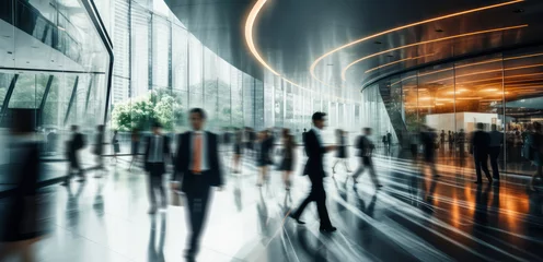 Tuinposter Hustle in Motion: Blurry Long Exposure of Business Crowd in Office Lobby © Bartek