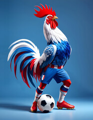 Coq tricolore bleu blanc rouge avec un ballon de football, mascotte joueur de foot pour la victoire...