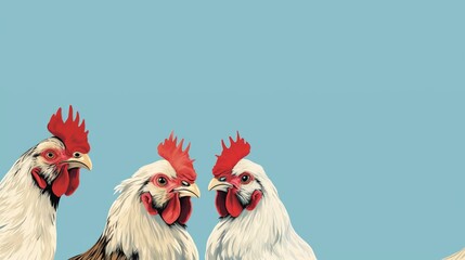 hens and roosters on a blue background. - obrazy, fototapety, plakaty