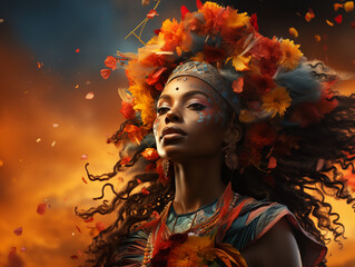 portrait of a woman with colorful feather ornaments