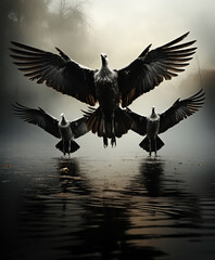 Fototapeta premium Majestic Morning: A Goose Spreads Its Wings on a Misty Lake
