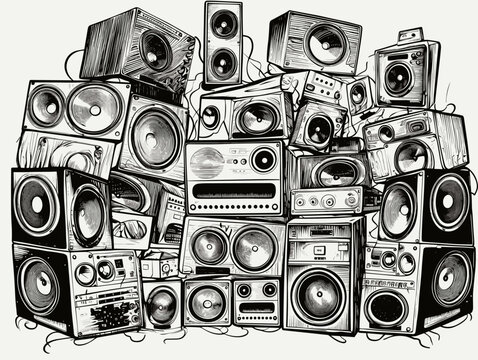 Drawing of Wall of retro vintage style Music sound speakers illustration separated, sweeping overdrawn lines.