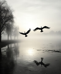 Obraz premium Majestic Morning: A Goose Spreads Its Wings on a Misty Lake
